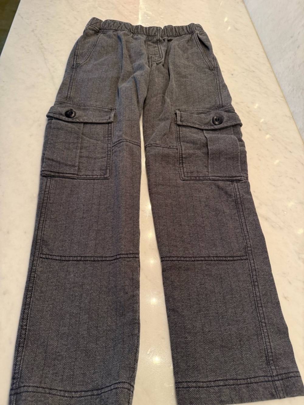 Boys Gray Herringbone Cargo Pants - Elastic Waist Size 10
